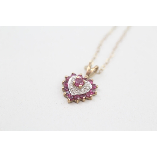 225 - 9ct gold ruby & diamond heart shaped pendant necklace 1.1g