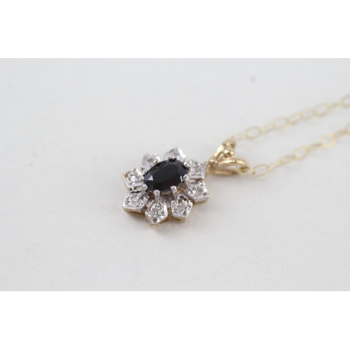 226 - 9ct gold sapphire & diamond cluster pendant necklace 1.8g