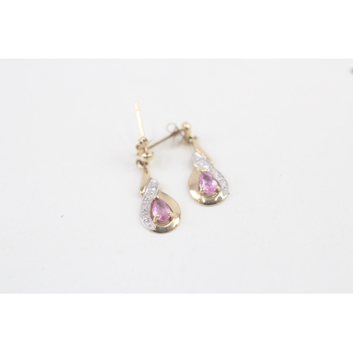 228 - 9ct gold pink sapphire & diamond drop earrings with scroll backs 1.4g