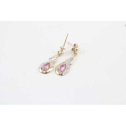 228 - 9ct gold pink sapphire & diamond drop earrings with scroll backs 1.4g