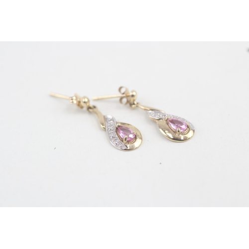 228 - 9ct gold pink sapphire & diamond drop earrings with scroll backs 1.4g