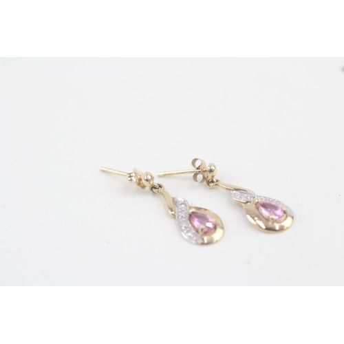 228 - 9ct gold pink sapphire & diamond drop earrings with scroll backs 1.4g