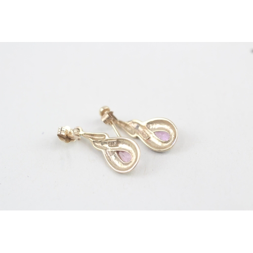 228 - 9ct gold pink sapphire & diamond drop earrings with scroll backs 1.4g