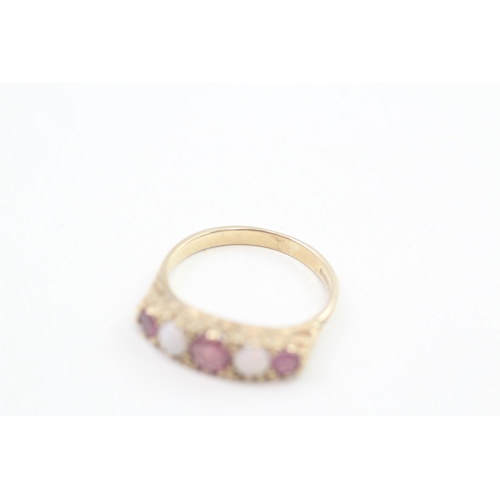 241 - 9ct gold vintage ruby & opal five stone ring 2.6g Size N