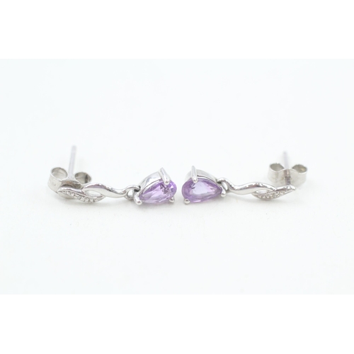 264 - 9ct white gold diamond and amethyst drop earrings 1.3g