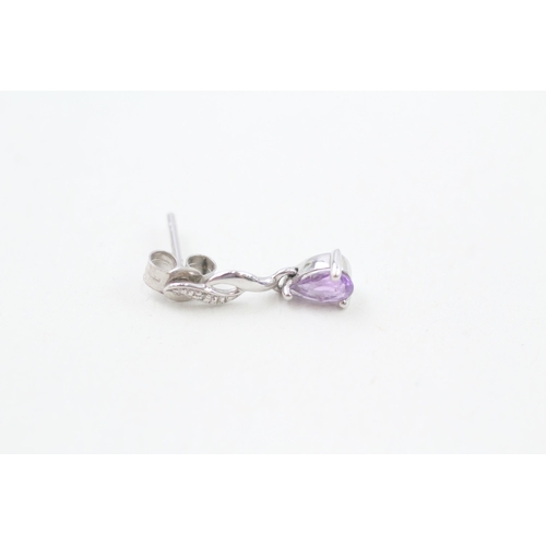 264 - 9ct white gold diamond and amethyst drop earrings 1.3g