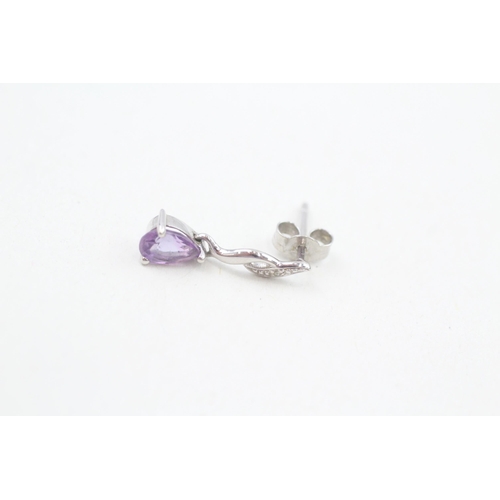 264 - 9ct white gold diamond and amethyst drop earrings 1.3g