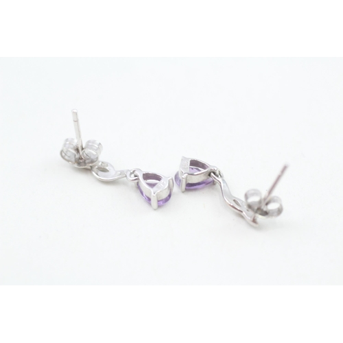 264 - 9ct white gold diamond and amethyst drop earrings 1.3g