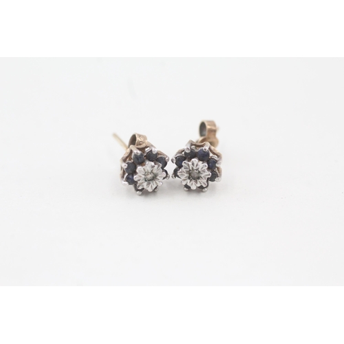 273 - 9ct gold sapphire & diamond cluster earrings with scroll backs 1.5g