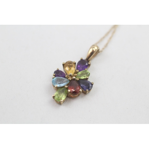 275 - 9ct gold multi-gemstone floral cluster pendant necklace inc. amethyst, peridot, garnet, topaz, iolit... 