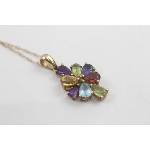 275 - 9ct gold multi-gemstone floral cluster pendant necklace inc. amethyst, peridot, garnet, topaz, iolit... 