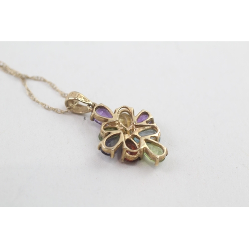 275 - 9ct gold multi-gemstone floral cluster pendant necklace inc. amethyst, peridot, garnet, topaz, iolit... 