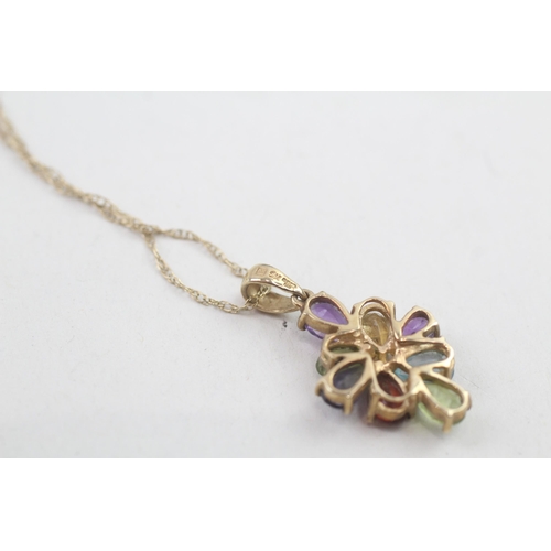 275 - 9ct gold multi-gemstone floral cluster pendant necklace inc. amethyst, peridot, garnet, topaz, iolit... 