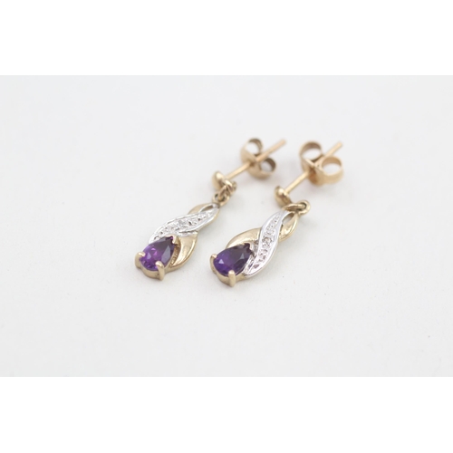 283 - 9ct gold diamond & amethyst drop earrings 1g