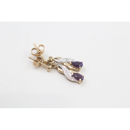 283 - 9ct gold diamond & amethyst drop earrings 1g