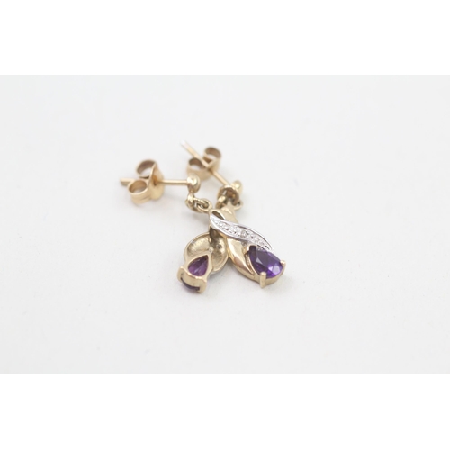 283 - 9ct gold diamond & amethyst drop earrings 1g