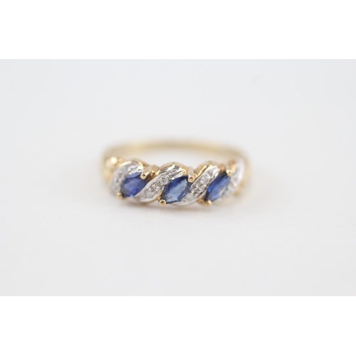 294 - 9ct gold marquise sapphire three stone ring with diamond highlight 1.9g Size P