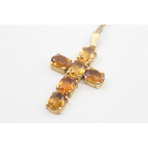 297 - 9ct gold citrine cross pendant necklace 6.2g