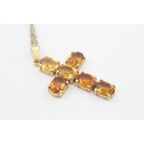 297 - 9ct gold citrine cross pendant necklace 6.2g