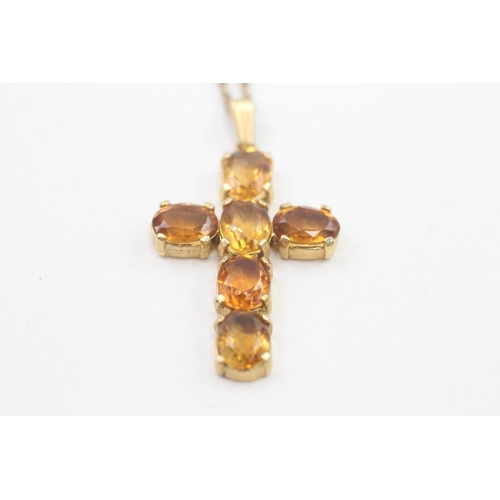 297 - 9ct gold citrine cross pendant necklace 6.2g