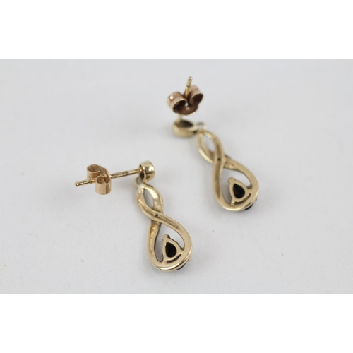 306 - 9ct gold diamond and black gemstone drop earrings 1.9g