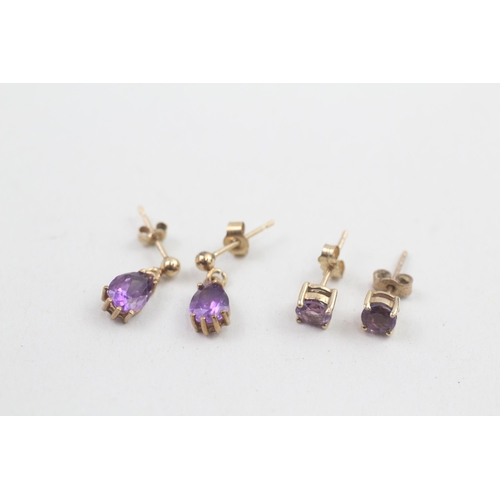 310 - 2x 9ct gold amethyst stud & drop earrings with scroll backs 1.7g