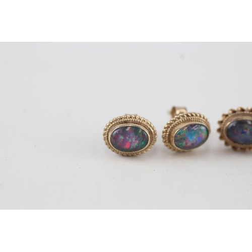 312 - 2x 9ct gold opal triplet stud earrings with scroll backs 3.1g