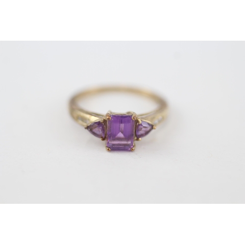 38 - 9ct gold vari-cut amethyst dress ring with diamond shoulders 2.2g Size O