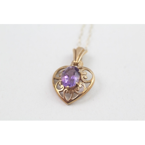 62 - 9ct gold oval amethyst heart pendant necklace 2.1g