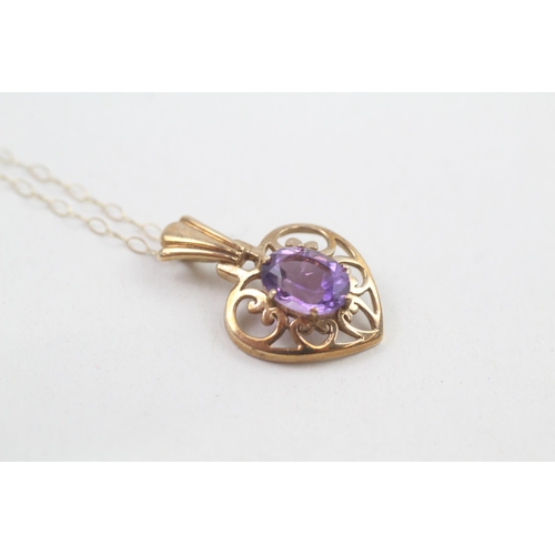 62 - 9ct gold oval amethyst heart pendant necklace 2.1g