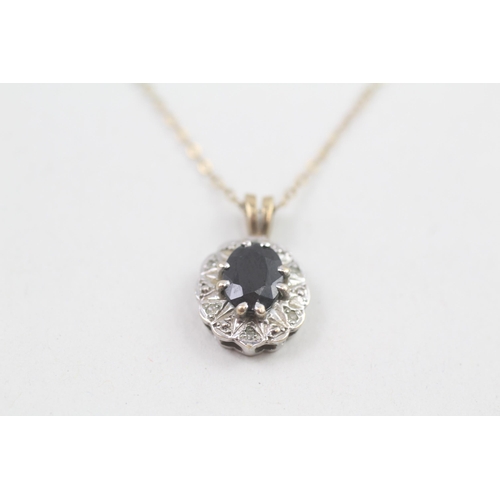 71 - 9ct gold diamond & sapphire oval cluster pendant necklace 2.6g