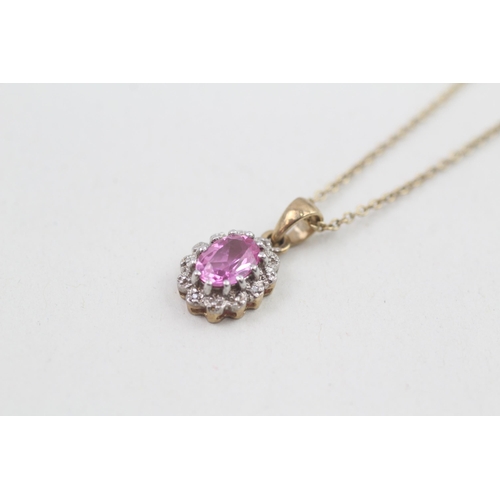 78 - 9ct gold diamond & pink gemstone cluster pendant necklace 2.7g