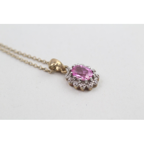 78 - 9ct gold diamond & pink gemstone cluster pendant necklace 2.7g