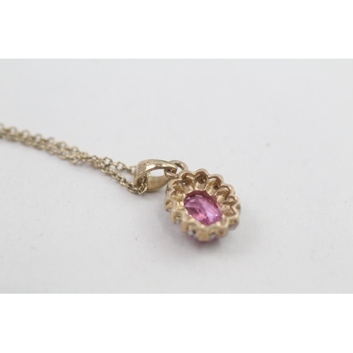 78 - 9ct gold diamond & pink gemstone cluster pendant necklace 2.7g