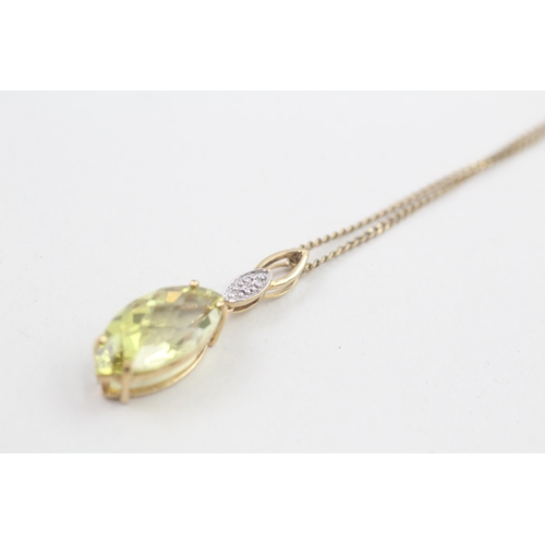 79 - 9ct gold diamond & green quartz pendant necklace 4.2g