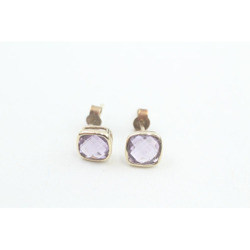 84 - 9ct gold checkerboard amethyst single stone stud earrings 1g