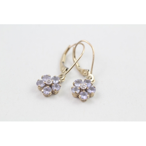 95 - 9ct gold diamond & tanzanite floral cluster drop earrings 1.5g