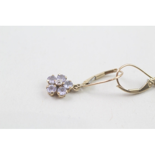 95 - 9ct gold diamond & tanzanite floral cluster drop earrings 1.5g