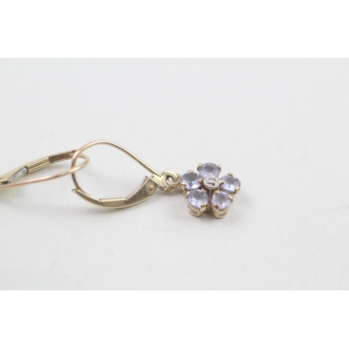 95 - 9ct gold diamond & tanzanite floral cluster drop earrings 1.5g