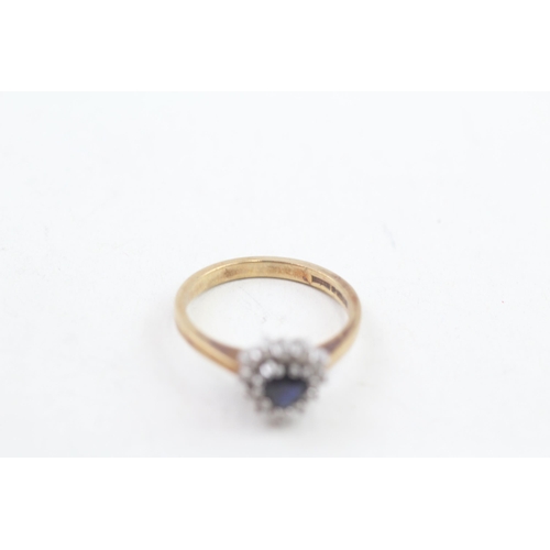 113 - 9ct gold sapphire and diamond halo dress ring 2.3g   Size L