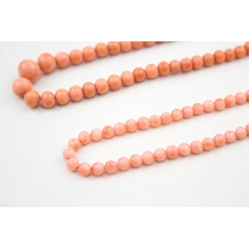 119 - 2x 9ct gold vintage coral necklaces 27.1g