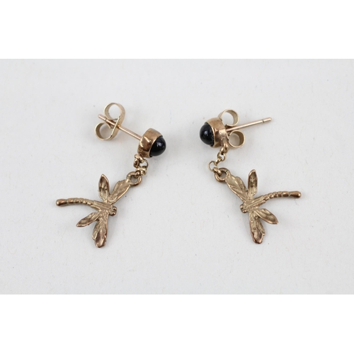 12 - 9ct gold onyx dragonfly drop earrings 2g