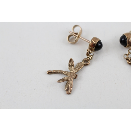 12 - 9ct gold onyx dragonfly drop earrings 2g