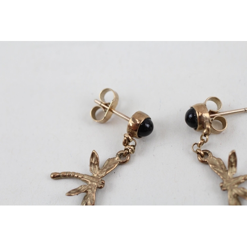 12 - 9ct gold onyx dragonfly drop earrings 2g