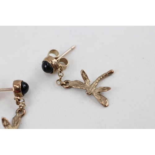 12 - 9ct gold onyx dragonfly drop earrings 2g