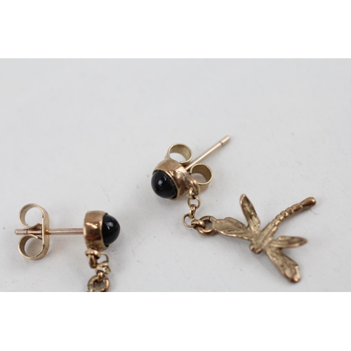 12 - 9ct gold onyx dragonfly drop earrings 2g