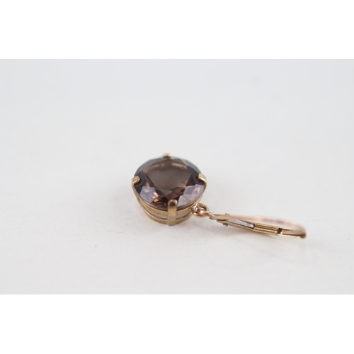 124 - 9ct gold round cut smokey quartz drop earrings with lever backs 2.6g