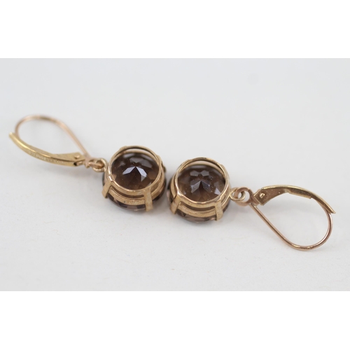 124 - 9ct gold round cut smokey quartz drop earrings with lever backs 2.6g