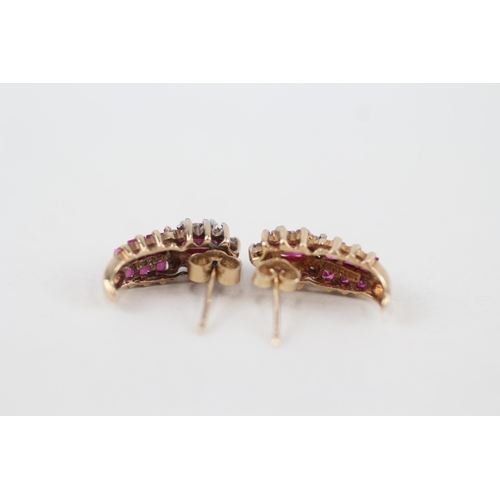 126 - 10ct gold vari-cut ruby & diamond earrings with scroll backs 1.9g