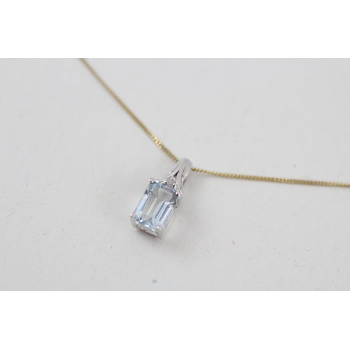 13 - 9ct white gold aquamarine and diamond pendant with 9ct gold chain 0.9g